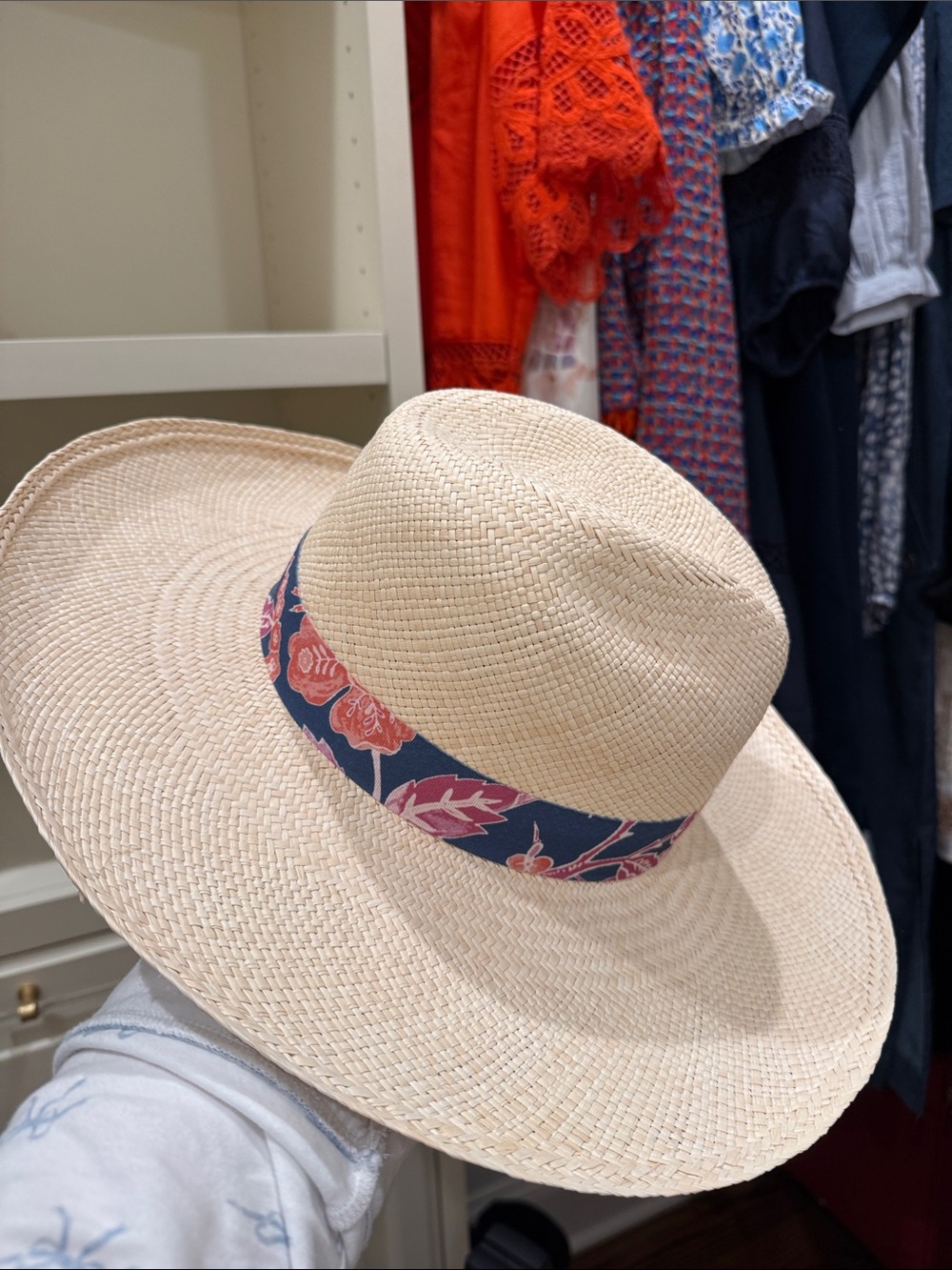 J. Crew Beige Straw Sun Hat with Navy Floral Band